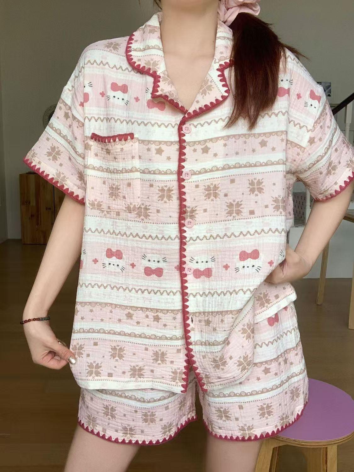

New pink striped cat pajamas women s summer short-sleeved shorts cardigan contrasting edge suit women s loungewear S
