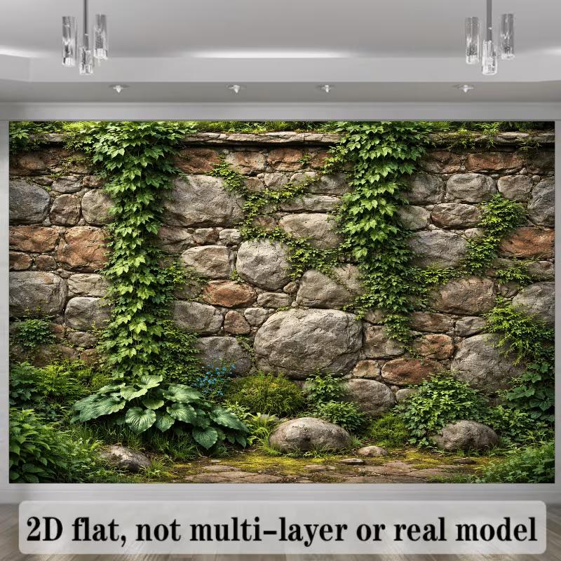 2D Natural Ivy-Covered Stone Wall Backdrop Lush Garden Photo Background
