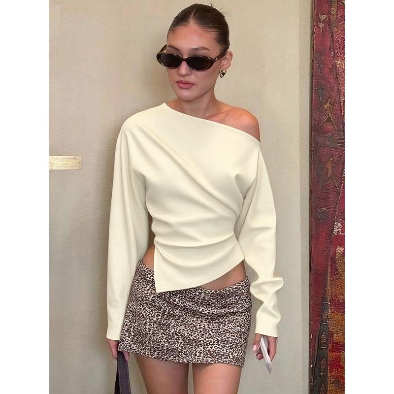 Shemoda Early Autumn Asymmetrical One-Shoulder Cold-Shoulder Long Sleeves Tops Fashion All-Match Sexy Slim Fit Slit Niche Style T-shirt