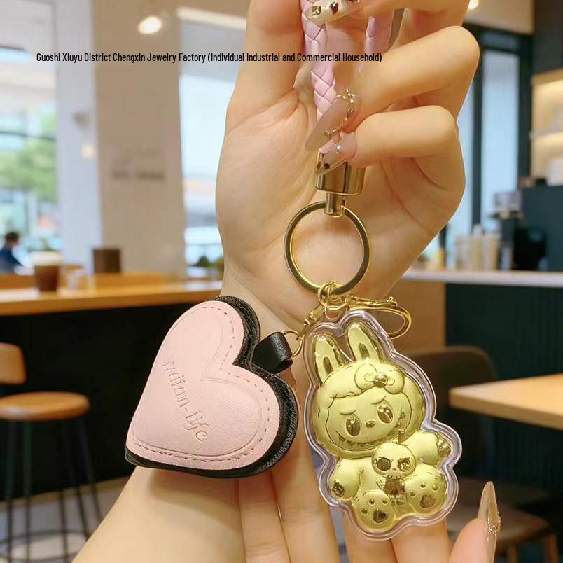 999 Pure Gold Labubu Keychain & Phone Charm with Gold Ornament: Cartoon Bag Charm Gift