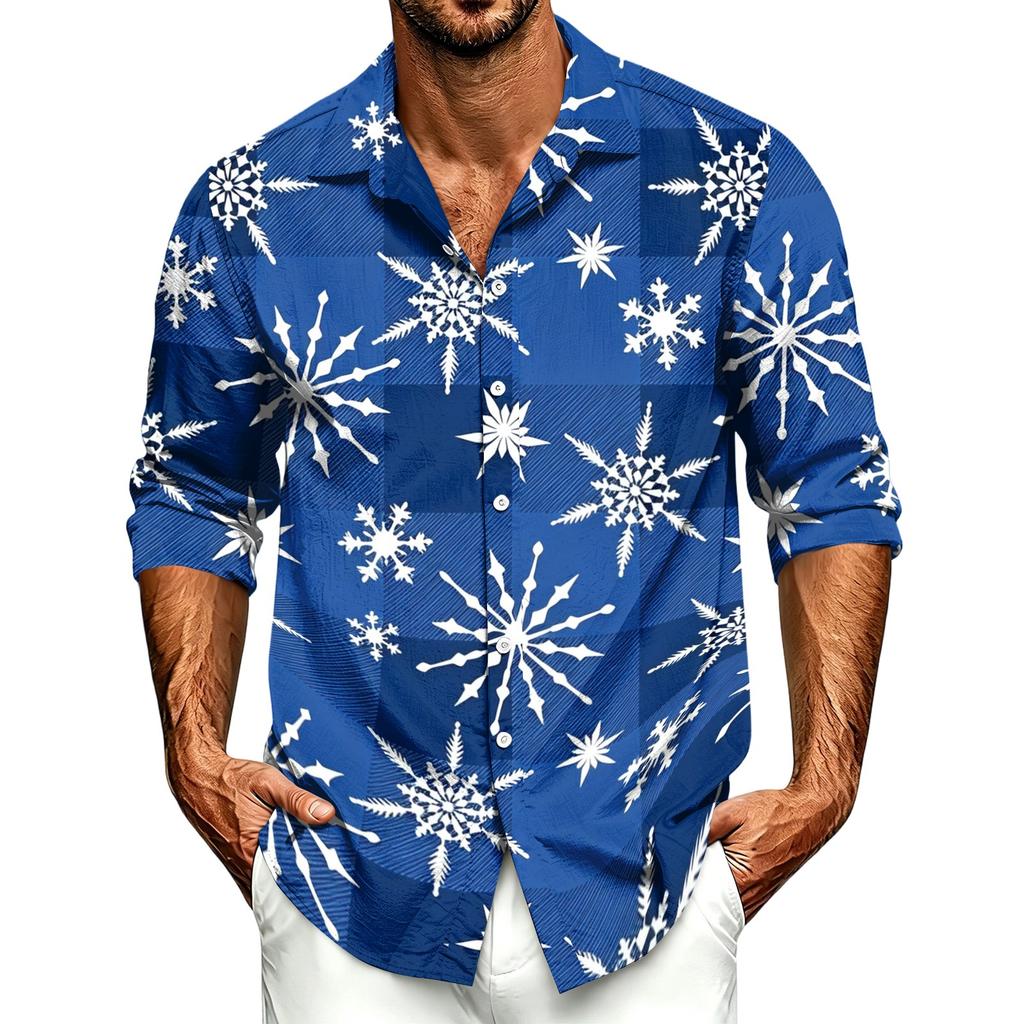 Men's Casual Long Sleeve Christmas Print Shirt for Spring and Fall
