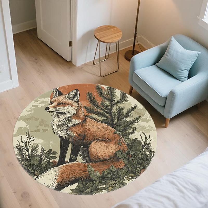 Fox On Tree Branch,Round Area Rug,Carpet Rug for Living Room Bedroom Sofa Playroom Decor,Non-slip Floor Mat
