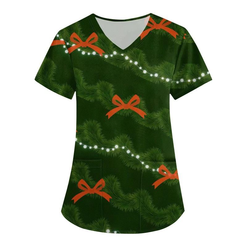 V-Neck Short Sleeve Nursing Scrub Top Women Fashionable Casual Workwear With 3D Print Design Slim Fit 2025 Collection