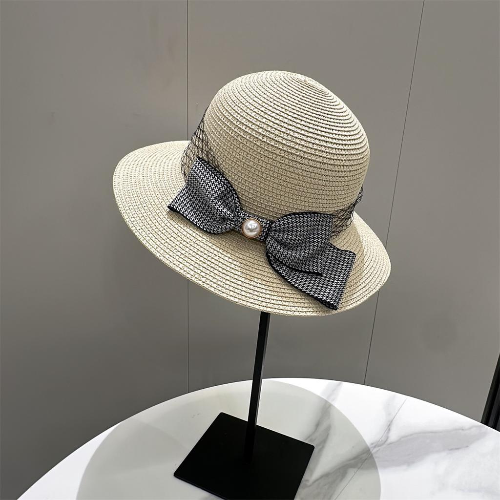 New Simple Hepburn Butterfly Knot Straw Hat Women's Beach Hat French Vintage Pearl Fisherman Sun Hat Bucket Hat