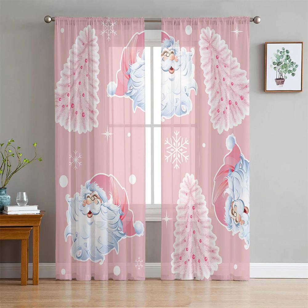 Cartoon Weihnachten Weihnachtsmann Glänzend Rot Rosa Tüll Fenstervorhänge Wohnzimmer Schlafzimmer Transparent Heimdeko Chiffon Voile Küche 2 Stück