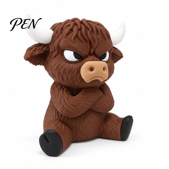 Angry Eye Cow Statue 3D Printed Highland Figurine, Cute Attitude Animal Desktop Compact Tabletop Decor Ornament, Sitting for Home Office Table