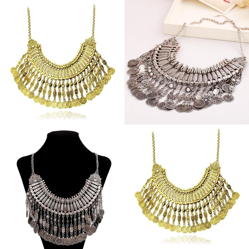 Vintage Mynt Halsband Med Tofsar Och Vattenvågskedja För Boho Stil Smycken