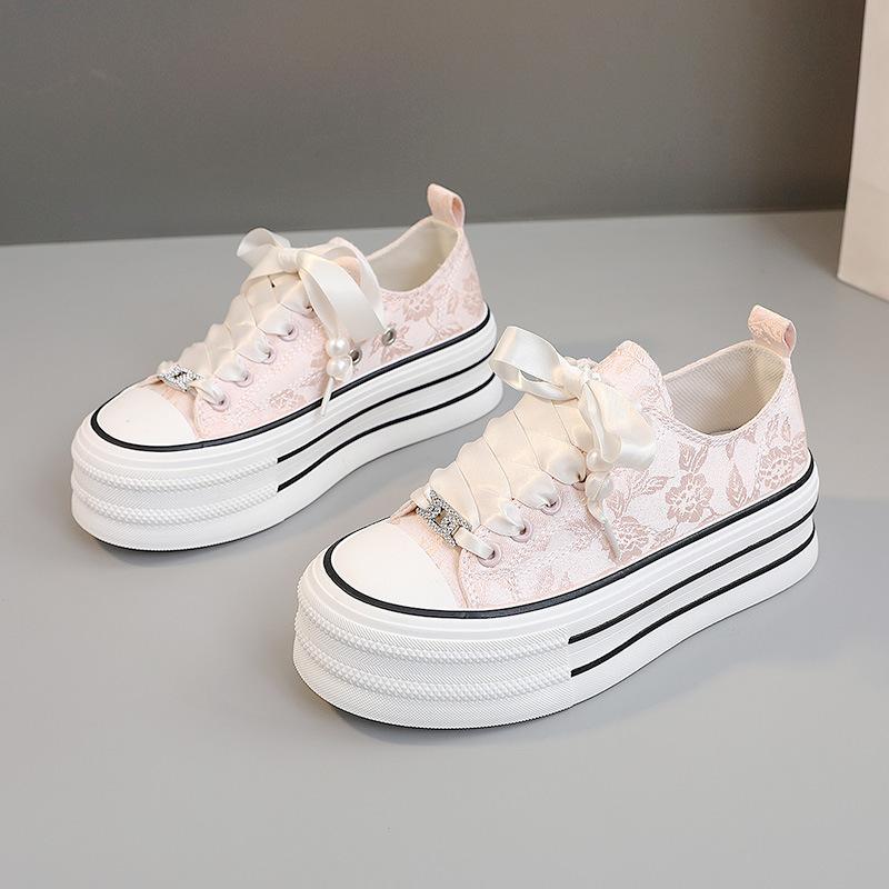 

BR601 new 2025 spring and summer breathable women s shoes printed canvas shoes round head height increase versatile Korean version casual shoes 35