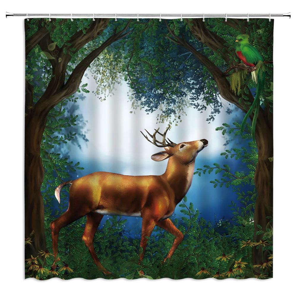 Tropical Jungle Landscape Shower Curtains Bathroom Decor Wild Animal Deer Parrot Toucan Leopard Home Bathtub Polyester Curtain