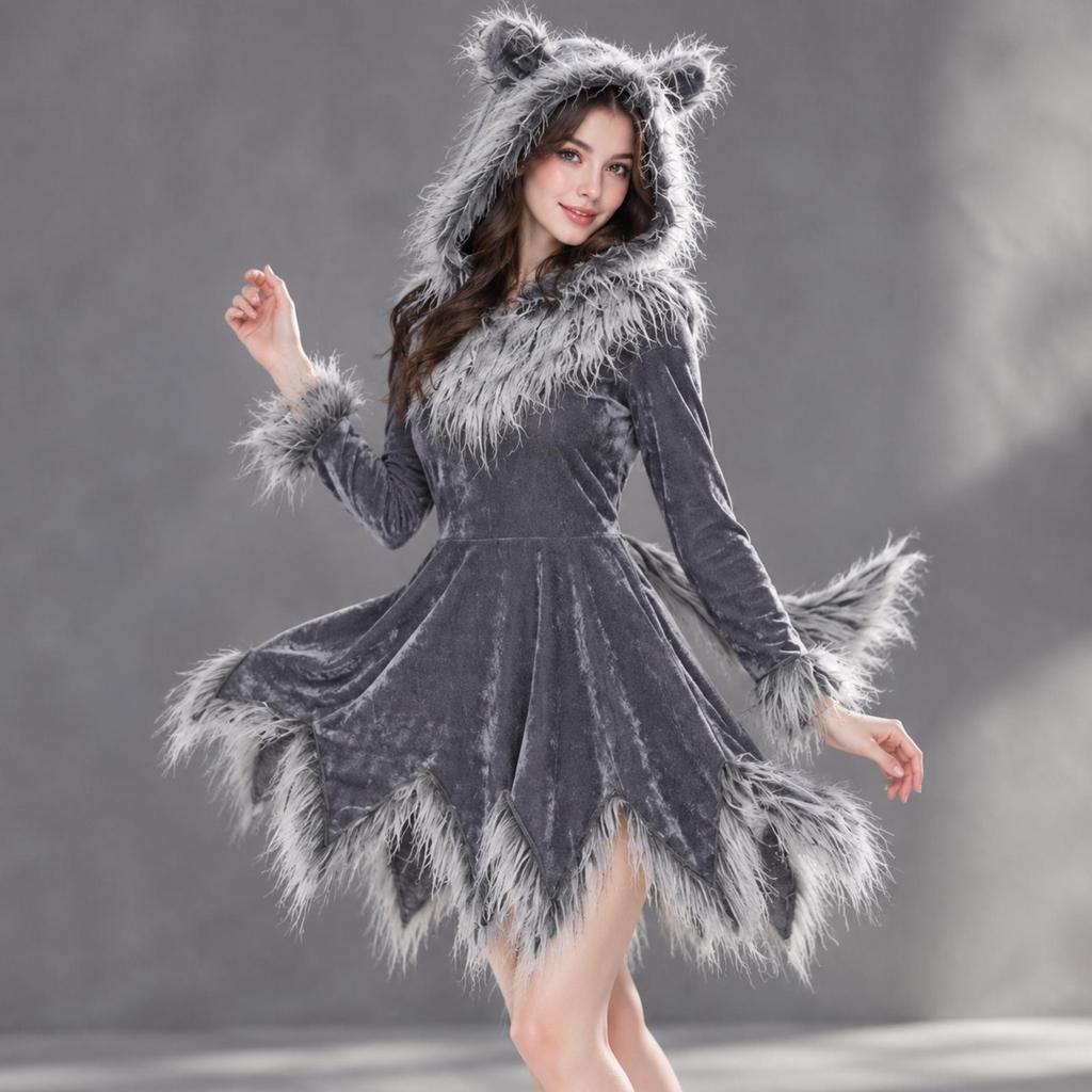 Hooded Wolf Dress with Furry Trim Adult Outfit Faux for Stage Performances