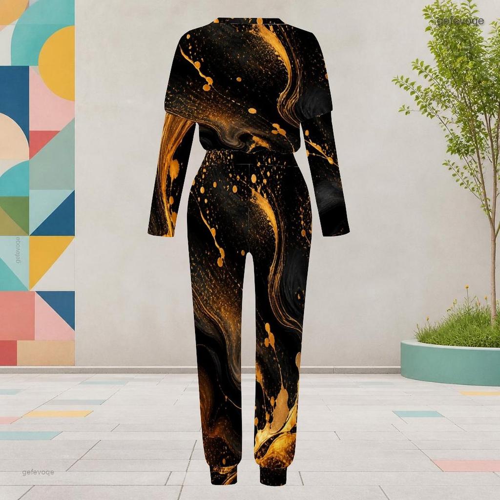 Damen Übergröße Tie-Dye-Print Rundhals Langarm Bündchen Zweiteiliges Hosen-Set Mit Taschen