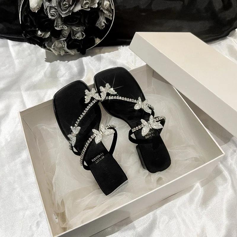 

2025 Новые Роскошные Женские Сандалии Красивые Хрустальные Туфли на Высоком Каблуке Шлепанцы Бабочка Водяной Бриллиант Модные Универсальные Женские Туфли 40 чёрный