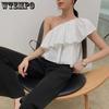 Sweet Off Shoulder Ruffled Top Women White Short T-shirt High Waist Navel Expose Sexy Desire Sleeveless Sloping Shoulder Summer