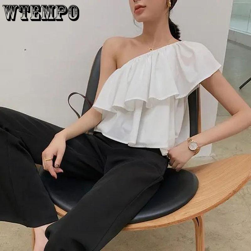 Sweet Off Shoulder Ruffled Top Women White Short T-shirt High Waist Navel Expose Sexy Desire Sleeveless Sloping Shoulder Summer