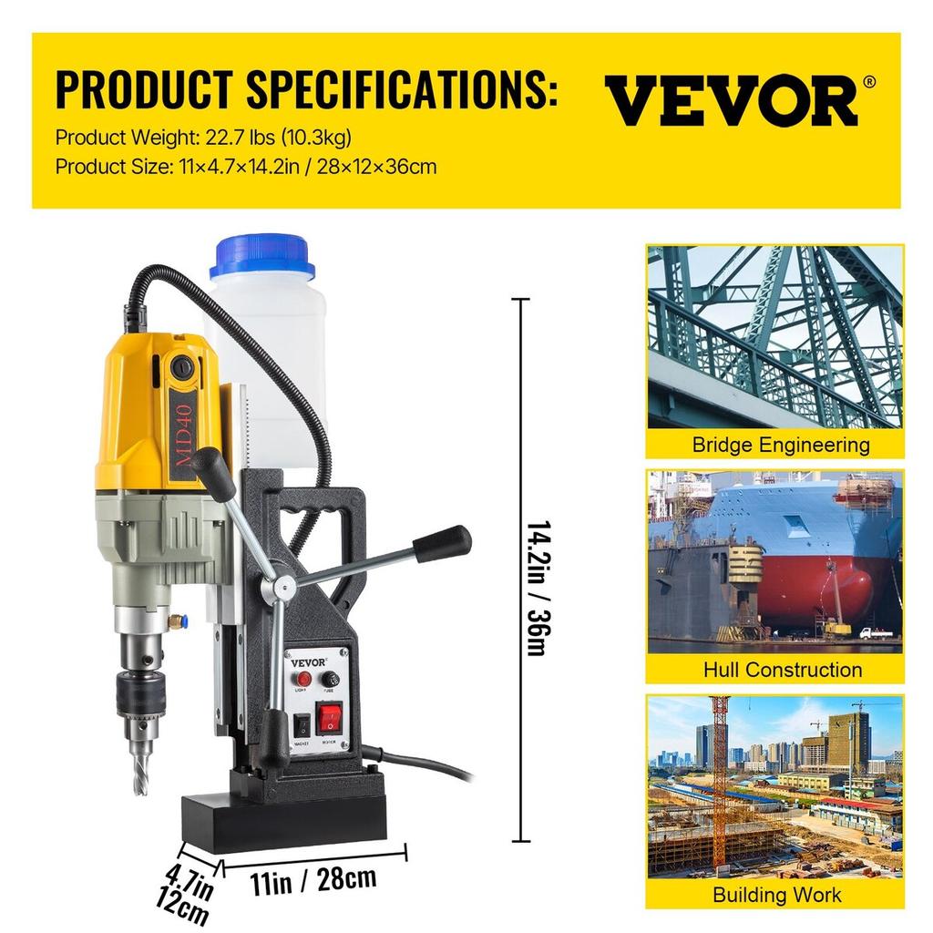 Magnetic Drill, 1100W 1.57" Boring Diameter, 2697lbf/12000N Portable Electric Mag Drill Press with 7 Bits, 580 RPM Max Speed Drilling Machine for Any