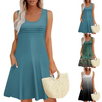 Damen Sommerkleider Lockerer U-Ausschnitt Ärmelloses Sommerkleid Kleid Mit Taschen