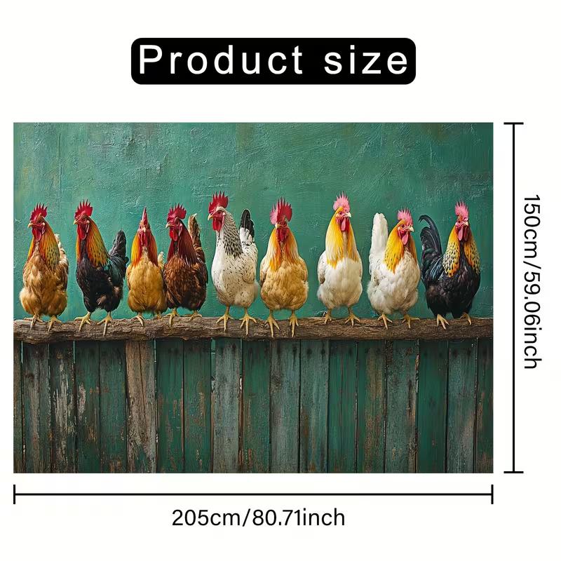 2D Vintage Farm Rooster Backdrop, Rustic Teal Background with Chickens Wall Decor Cloth