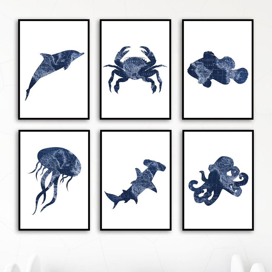Blue Whale Shark Octopus Crab Fish Map Wall Art Canvas Painting Nordic Posters And Prints Wall Pictures For Baby Kids Room Decor