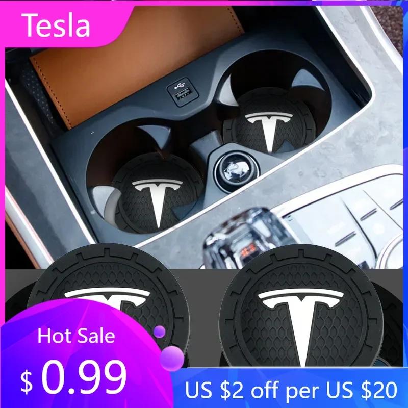 Car Sticker 2025 New Tesla 2pcs PVC Non-slip Car Water Cup Pad Holder Coaster for Tesla Logo Model 3 Model Y Model X SpaceX Auto
