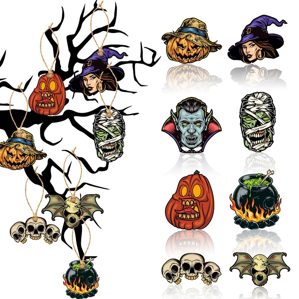 8pcs Vintage Halloween Tree Ornament Decorations Horror Pumpkin Witch skull pendant Hanging Tag for Halloween Party home Decor