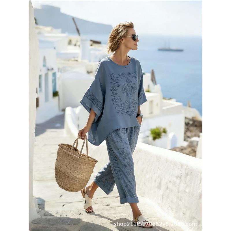 Clothing Bohemian Casual Suit 1116 Vintage Printed Wide Leg Pants Beach Vacation Ladies Two-piece Set