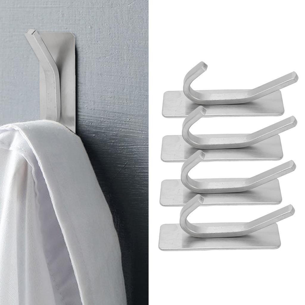4pcs Adhesive Hooks Hole Free Wall Hangers Coat Hat Stainless Steel Hooks Bathroom Adhesive Hangers Silver