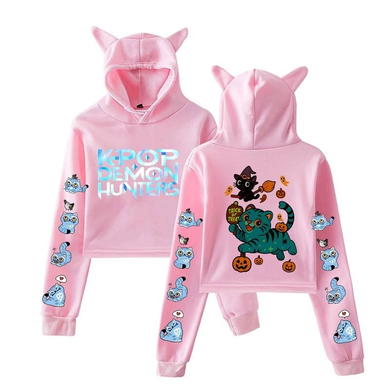 Heta KPop Demon Hunters Derpy Tigerkatt Kort Huvtröja Dam Långärmad Huvtröja Crop Tops Vardaglig Streetwear Kläder