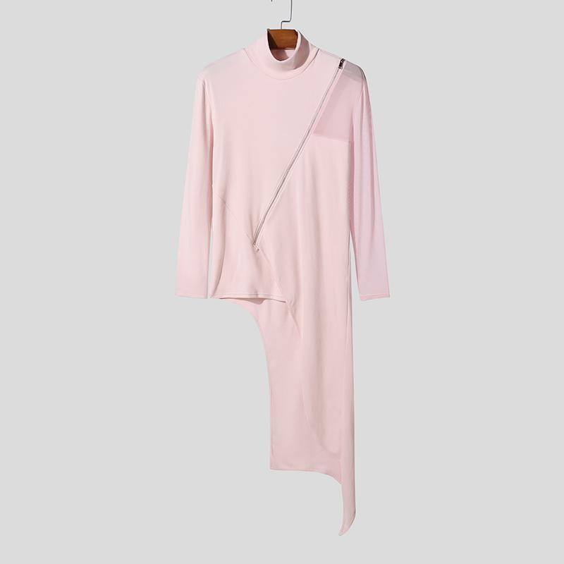 

INCERUN Autumn Men Turtleneck Long Sleeve Mesh Patchwork Tops Long Tunic T-shirts 5XL розовый