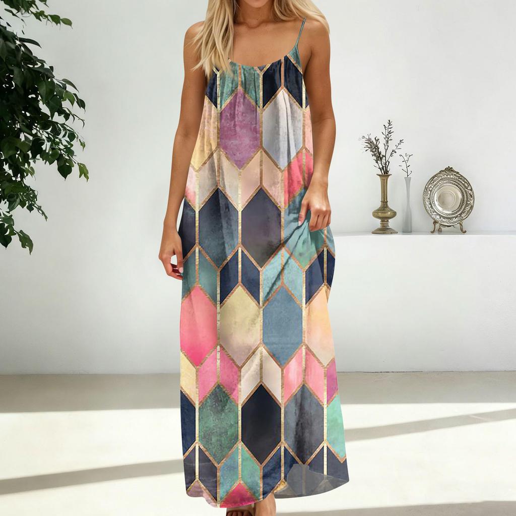 Women's Fashion Backless Spaghetti Strap Casual Loose-Fit Plaid Print Dress