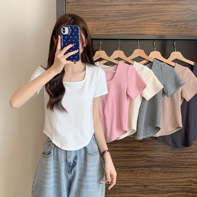 Youa and sassy right shoulder square collar short-sleeved slim T-shirt women's European summer new age-reducing fishbone short shirt