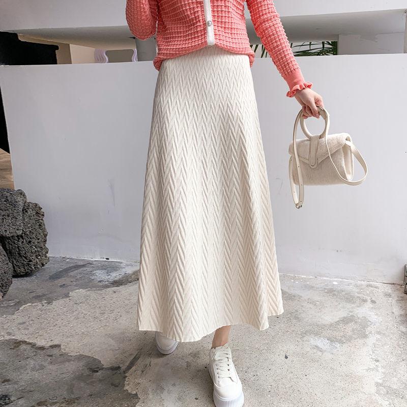 French Elegant A-Line Women's Autumn Winter Korean-Style Solid Color High Waist Knitted Midi Skirt Flared Umbrella Skirt