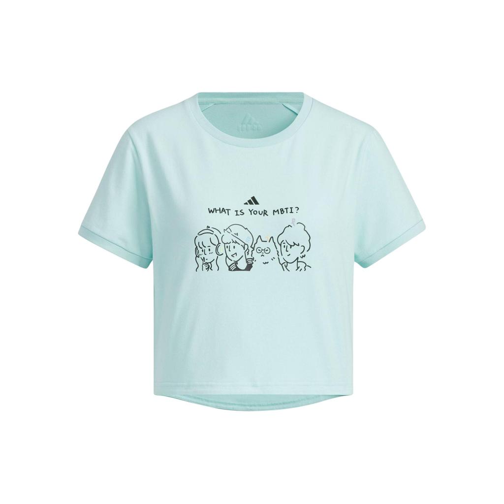 Adidas Graphic Crop Cartoon Alphabet Logo Print Round Neck Short Sleeve T-Shirt Women Tops Light-Blue JN6664