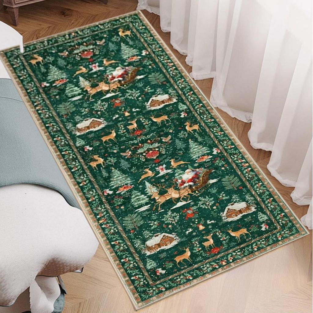 Christmas Runner Rug Non-Slip Winter Holiday Festive Floor Mat Soft Christmas Tree Santa Claus Carpet for Indoor Bedroom Dining
