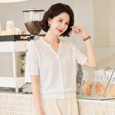 Women's Mulberry Silk Blend V-Neck Short Sleeve Knit Cardigan
