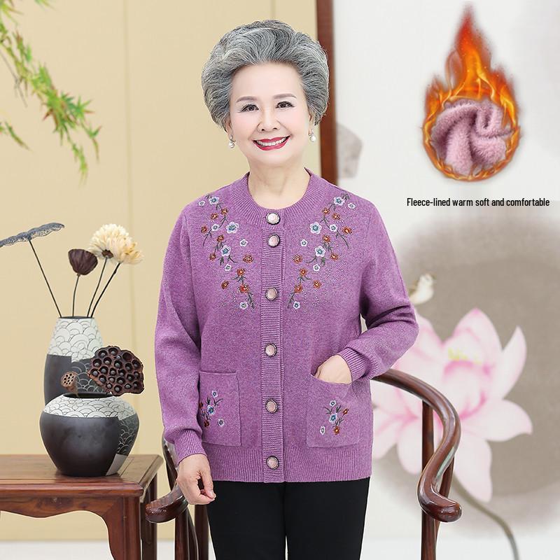 Embroidered Velvet-Enhanced Warm Cardigan for Women Aged 60-70