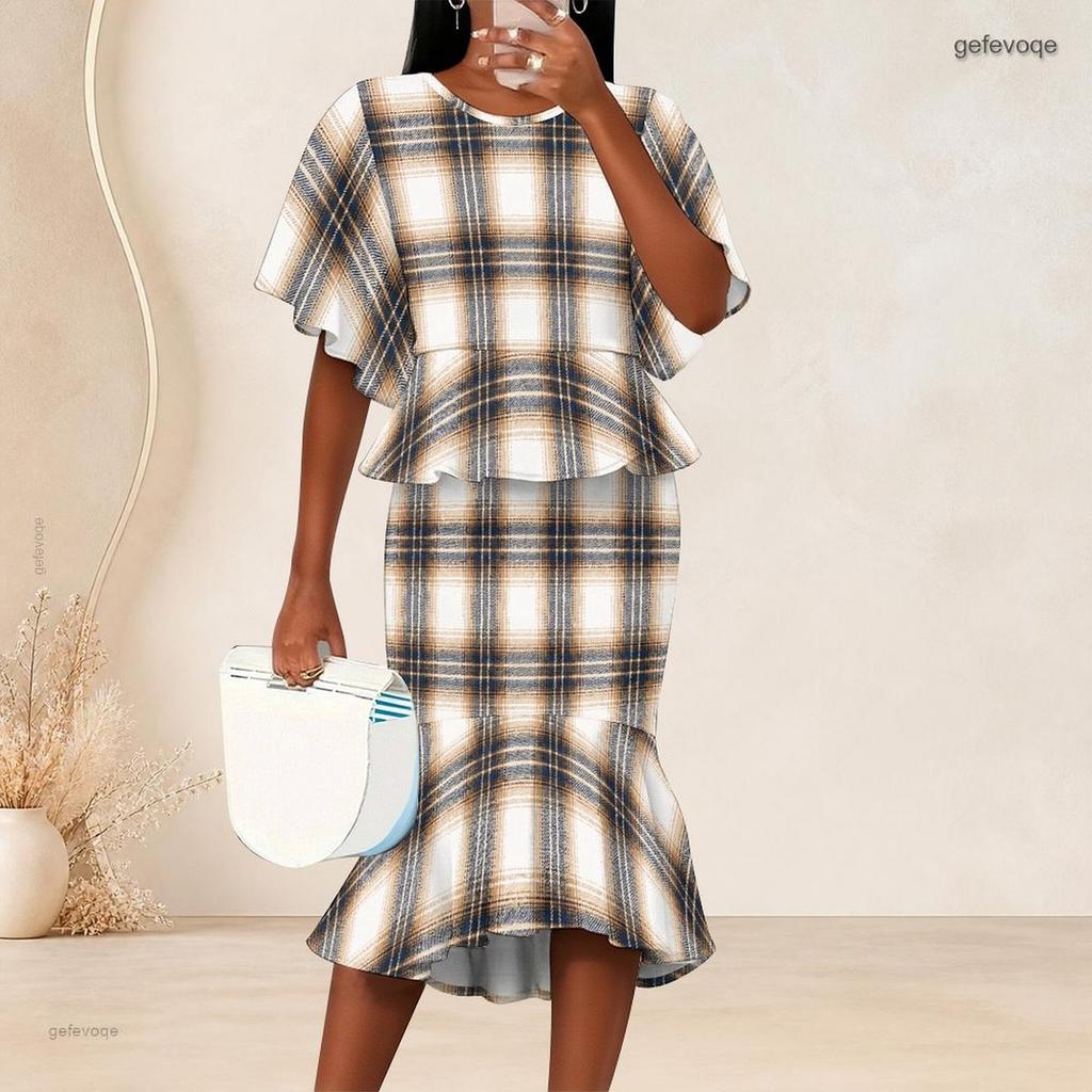 Women Plus Size Printed Round Neck Ruffle Sleeve Ruffle Hem Top Fishtail Skirt Two Piece Set