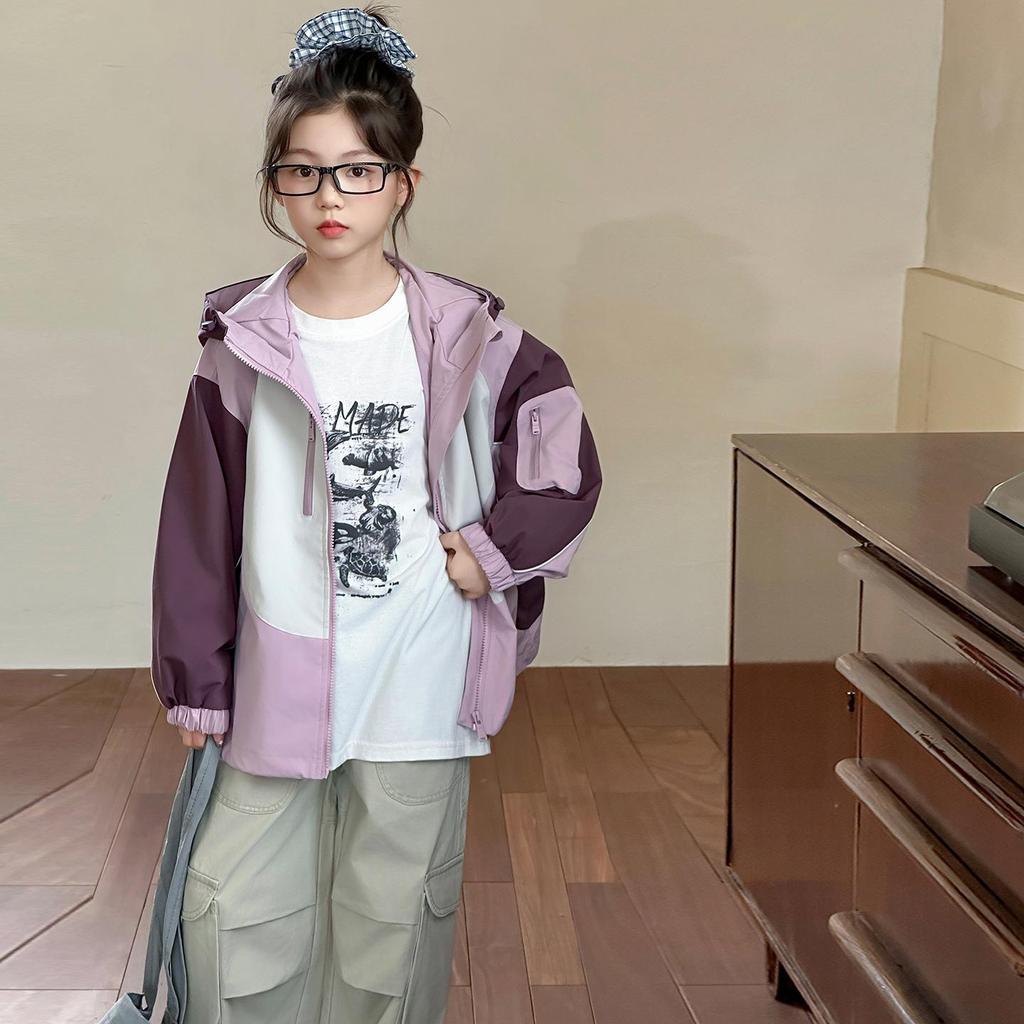 Girls' Color Block Hooded Windbreaker - Spring/Autumn 2025 Casual Sports Jacket for Big Kids