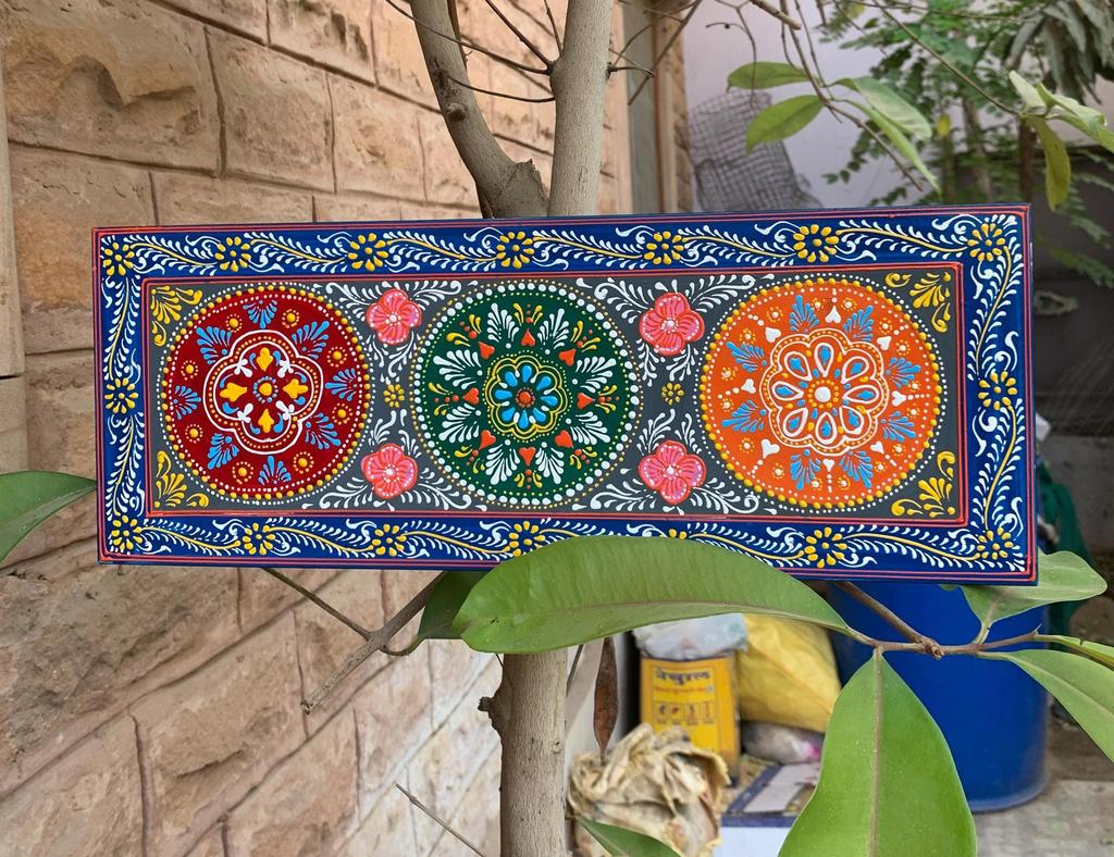 Hand Carved Painted Floral Wood Panel: Indian Home Decor
