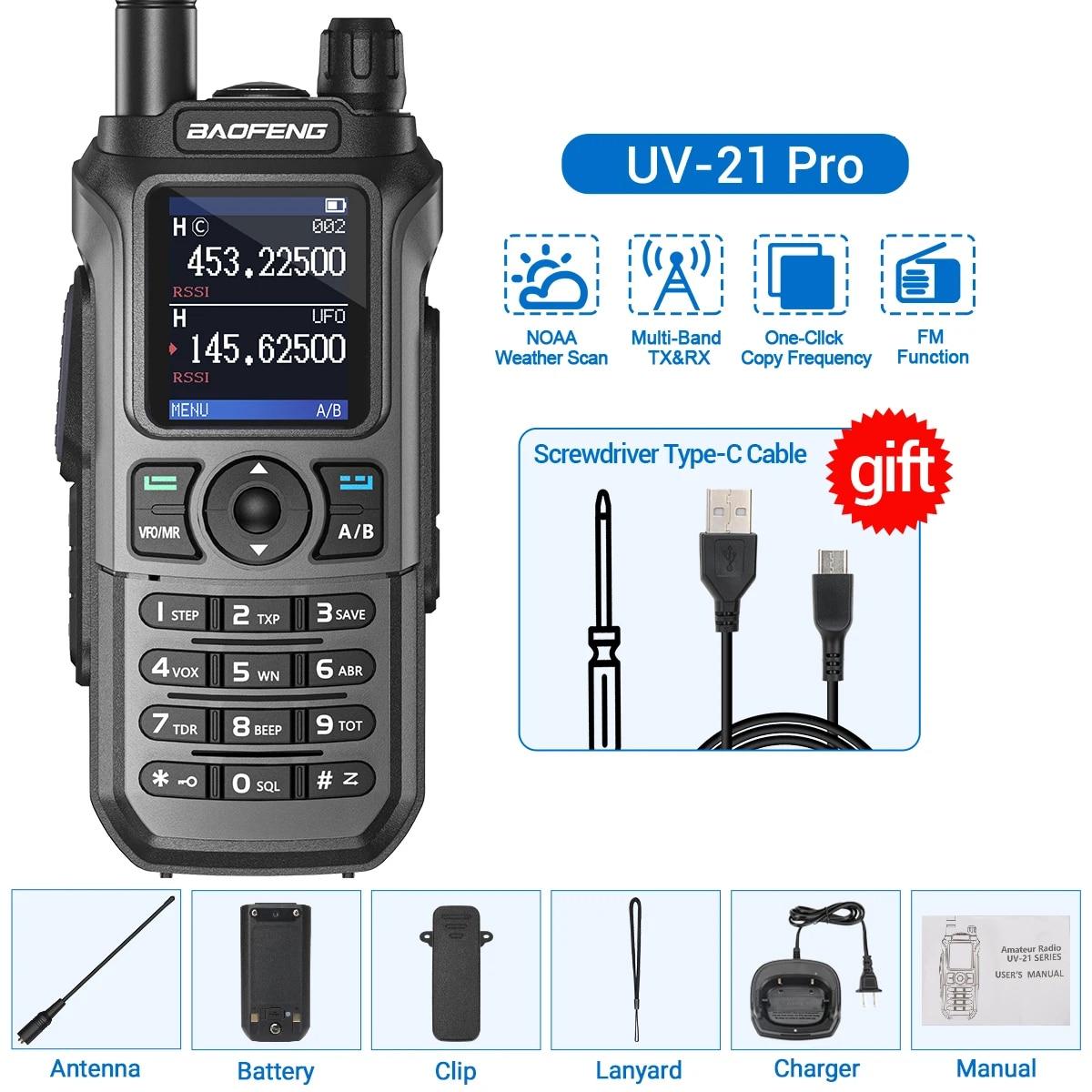 Baofeng UV 21 Pro Draadloze Frequentie Kopiëren Walkie Talkie Lange Afstand Multi Band Waterdicht Type-C Amateurradio UV-21 GPS UV5R mini Euro grijs
