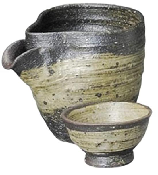 Sake Tokkuri and Ochoko 12cm Diameter x 9cm High x 10cm Ash Mino Cold Sake Suitable for Hot Cold and Japanese Sake Ale-net Set, (Cup Set), High,