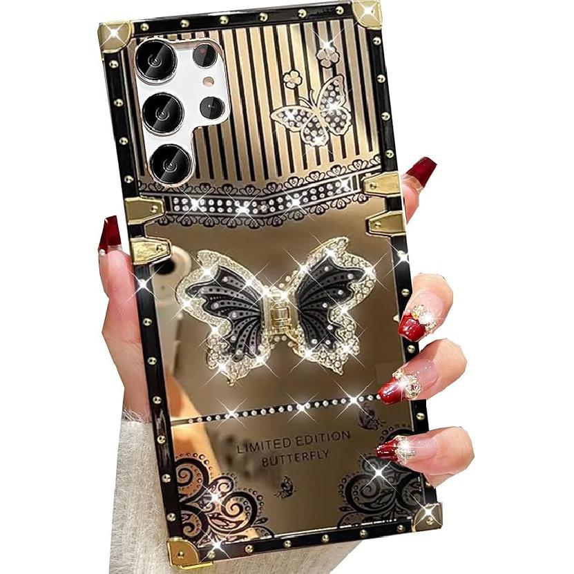 for Samsung Galaxy S25 Ultra Glitter Kickstand Case, Cute Luxury 3D Bling Sparkly Floral Diamond Butterfly with Ring Stand Elegant Shockproof Women