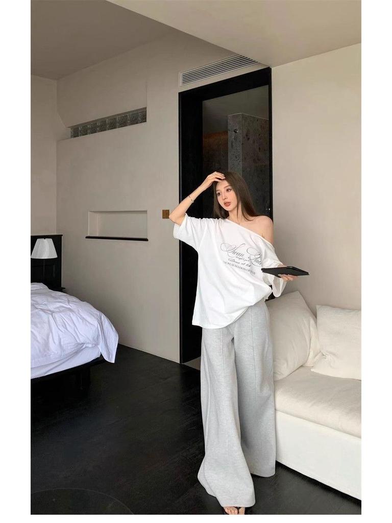 Women's Retro American Letter Print Off-Shoulder T-Shirt – Short Sleeves, Casual Loose Fit, Summer Style