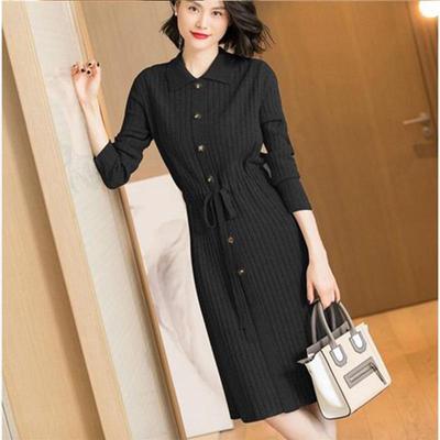2025 Autumn/Winter Slimming Waist Long Knitted Wool Dress for Women - Over-the-Knee, Long Sleeve, Elegant Design