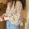DamenSüßes Kleines Frisches Ausgestellter Ärmel V-Ausschnitt Chiffon Bluse Westlicher Stil Floral Hemd Studentin