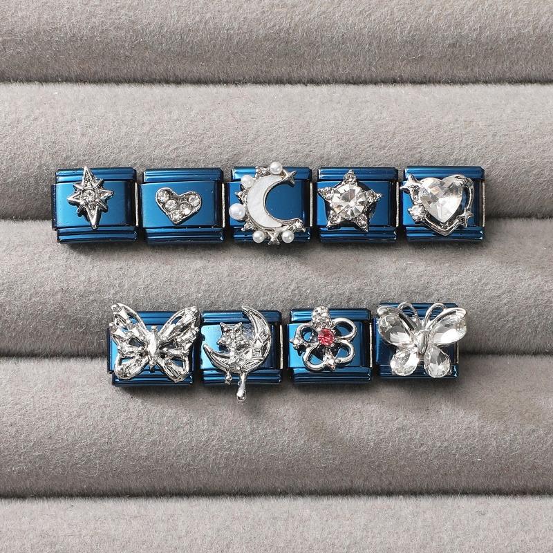 Fashion Zircon Heart Butterfly Moon Star Guitar Italian Charm Links Fit 9MM Stainless Steel Bracelet Jewelry Couple DIY Making