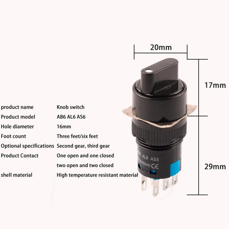 1PCS Knob Rotary Switch 16mm 3/6 Position Small Square&Round Emergency Stop  Switch Start Up Power Switch With Key Switch AB6