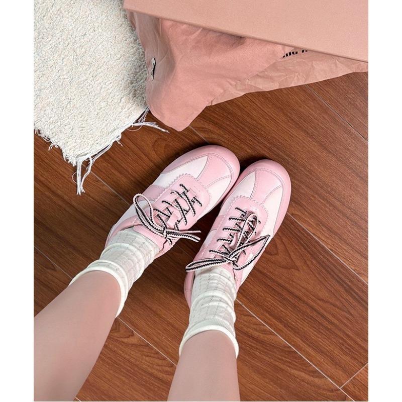 Cowhide version~ Shoes contrasting color shoelaces soft sole soft surface versatile round head casual sports shoes women
