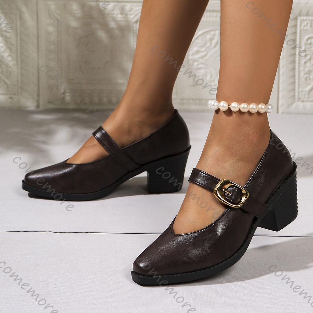 Fashion Comemore Retro High-heeled Women's Shoes Autumn Thick Heel British Style Pointed Head Professional Single Shoes Female Pumps