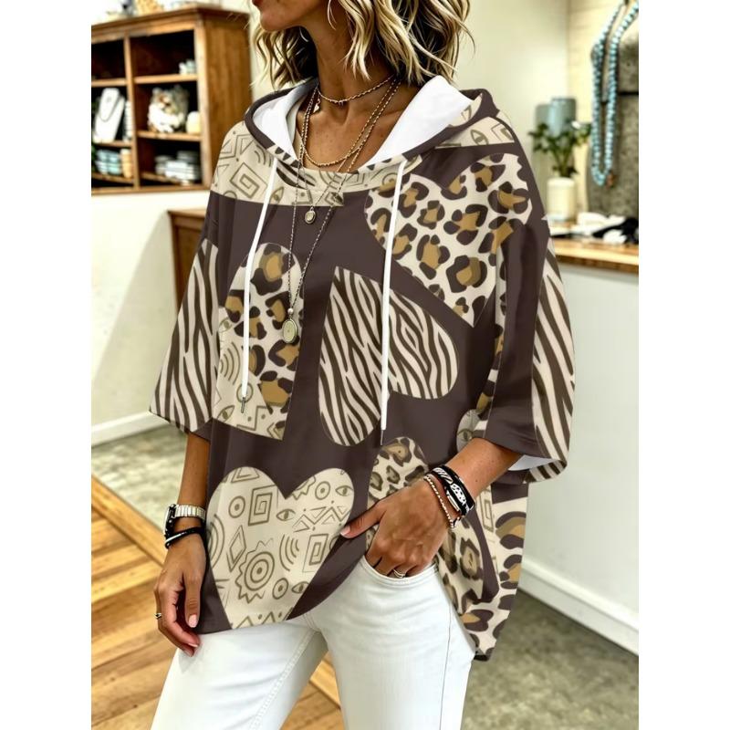 Damen Kapuzenpullover mit Dreiviertelärm, locker, Retro-Blumenmuster, lässiges Urlaubs-Top