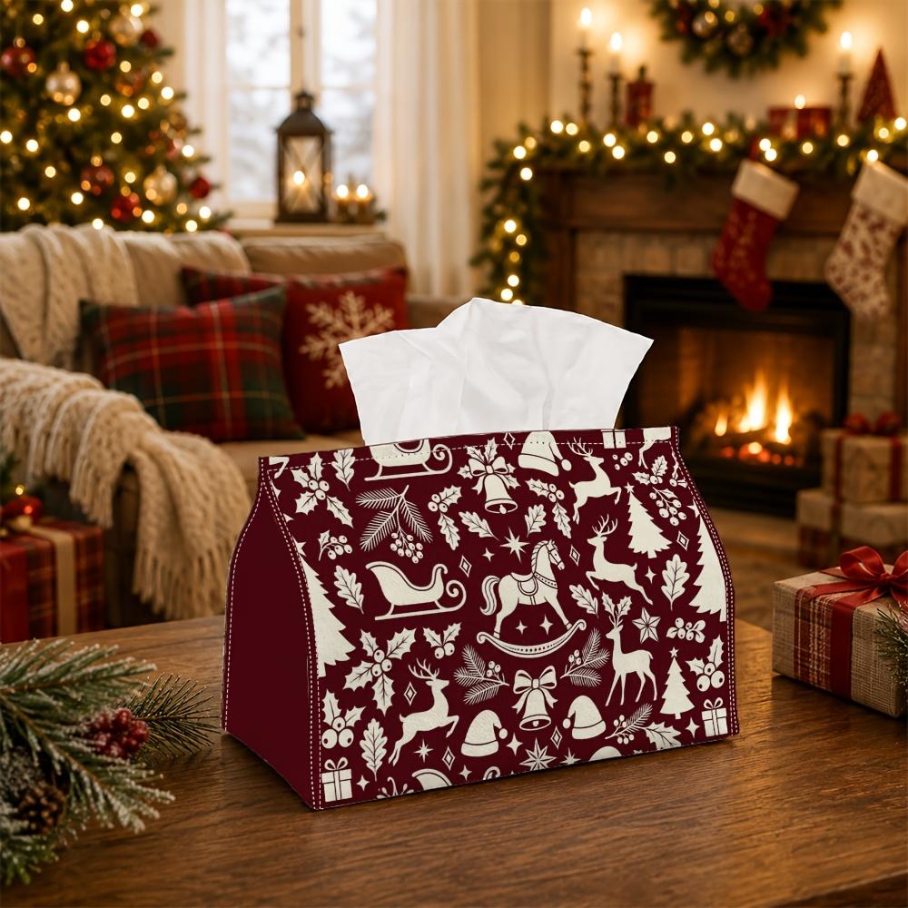 1pc Rustic Folk Holiday Tissue Box - Xmas Napkin Dispenser, Made of Durable Polyester, Decorated with Rocking Horse Reindeer Sleigh, Suitable for Livi